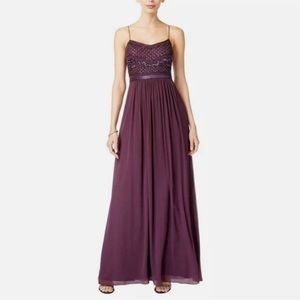 Adrianna Papell Purple Gown Beaded-Bodice Chiffon